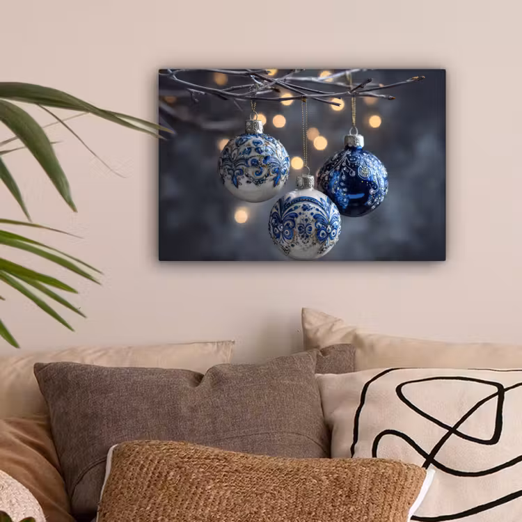 Kerstbal - Versierd - Blauw canvas 2cm klein -sfeer1