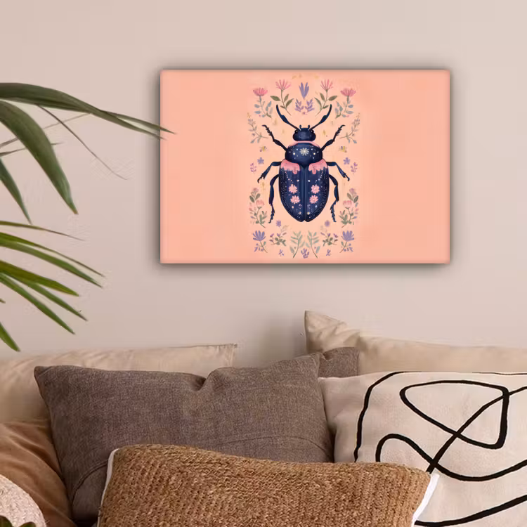 Kever - Donkerblauw - Bloemen - Sierlijk canvas 2cm klein -sfeer1