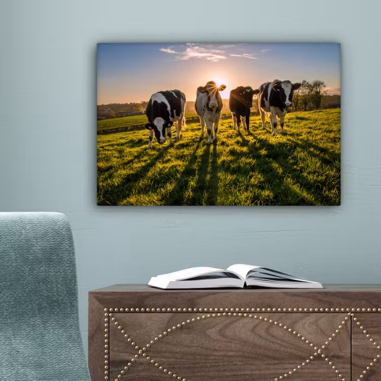 Koeien - Zon - Gras - Dieren - Boerderij canvas 2cm klein -sfeer4