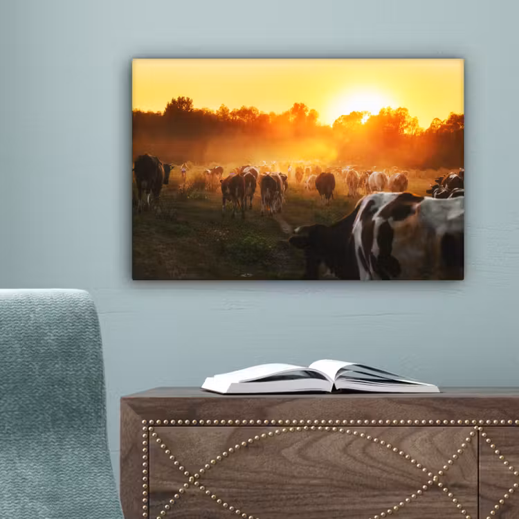 Koeien - Zonsondergang - Weiland - Dieren canvas 2cm klein -sfeer4
