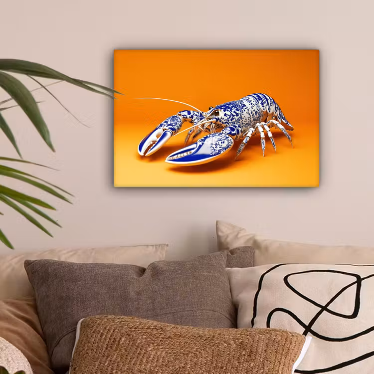 Kreeft - Delftsblauw - Schild - Stoer - Oranje canvas 2cm klein -sfeer1