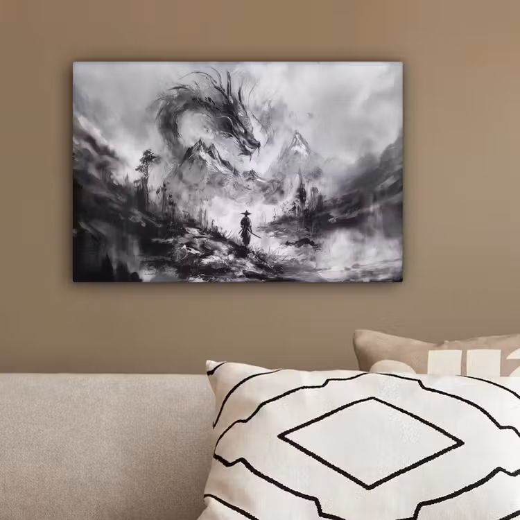Krijger - Draak - Grijs canvas 2cm klein -sfeer3