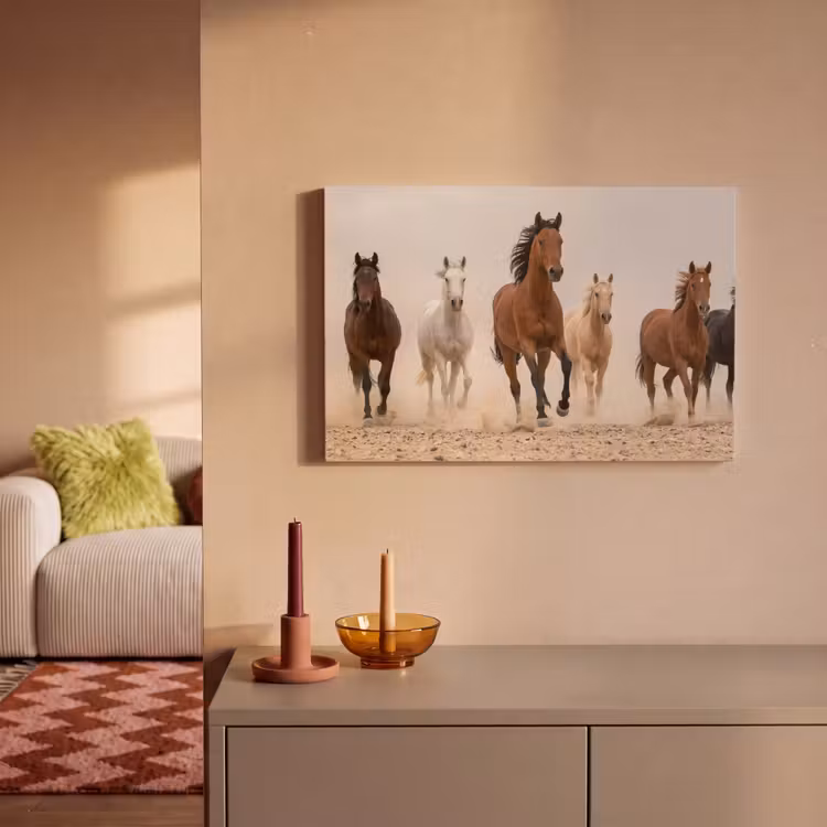 Kudde paarden - Stofwolk - Bruin - Zwart canvas 2cm klein -sfeer1