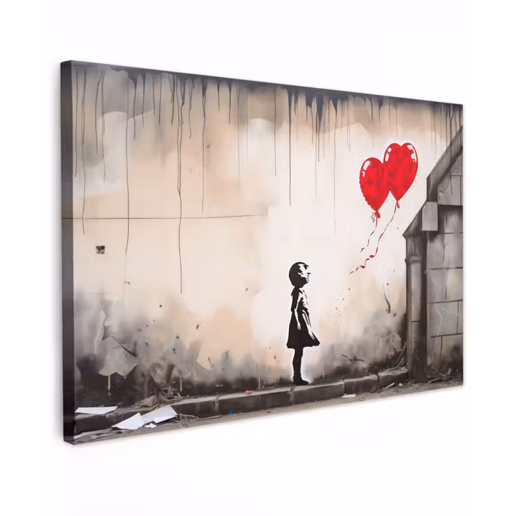 Kunst - Meisje - Ballonnen - Hart - Grijs canvas 2cm klein -z3d