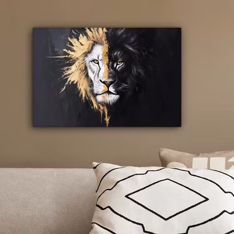 Leeuw - Gesplitst - Zwart - Lijn canvas 2cm klein -sfeer3