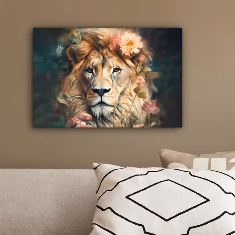 Leeuw - Leeuwenkop - Wilde dieren - Bloemen canvas 2cm klein -sfeer3