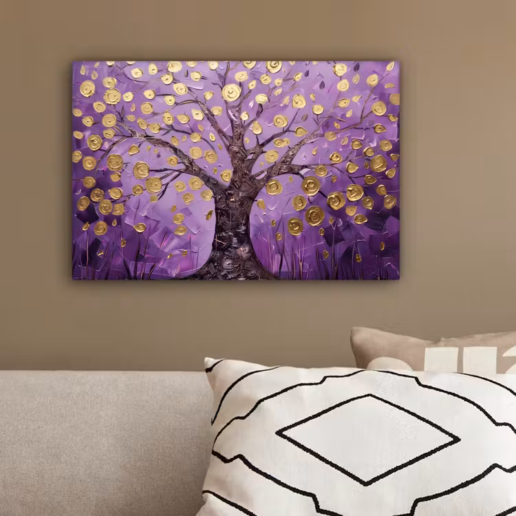 Levensboom - Boom - Paars - Goud - Modern canvas 2cm klein -sfeer3