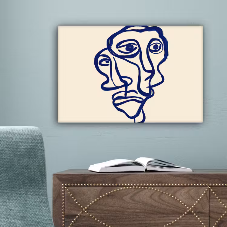 Lijntekening - Overlappende gezichten - Donkerblauw canvas 2cm klein -sfeer4
