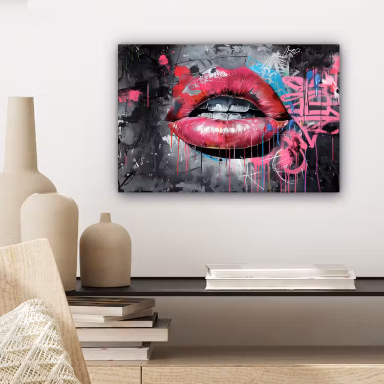 Lippen - Felroze - Graffiti - Verfstrepen canvas 2cm klein -sfeer6