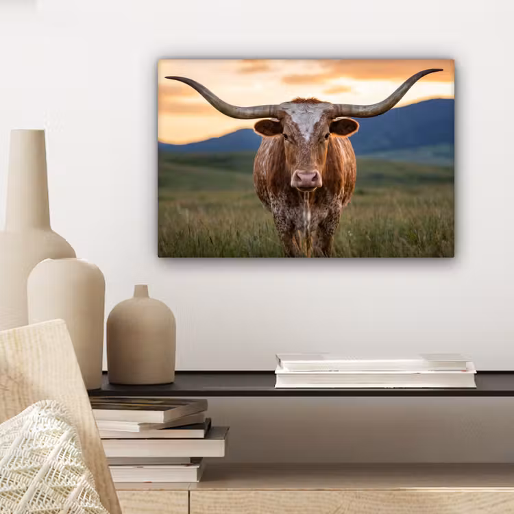 Longhorn - Landschap - Zonsondergang canvas 2cm klein -sfeer6