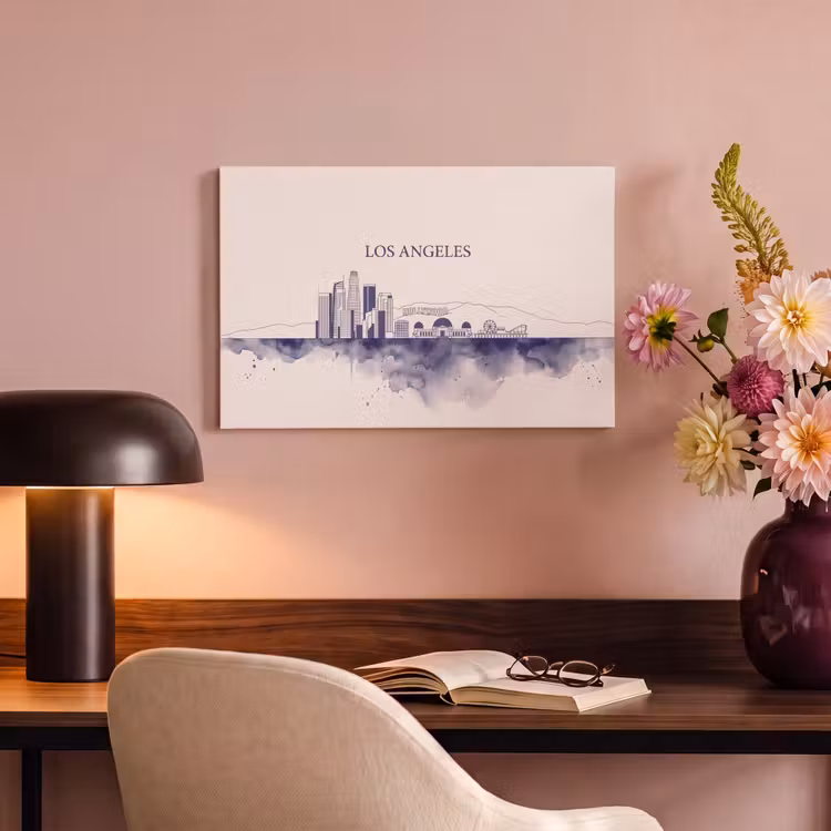 Los Angeles - Skyline - Architectuur - Aquarel - Blauw canvas 2cm klein -sfeer4