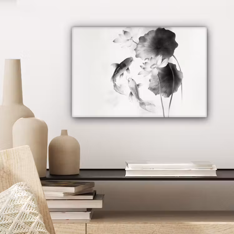 Lotusbloemen - Vissen - Bladeren - Zwart canvas 2cm klein -sfeer6