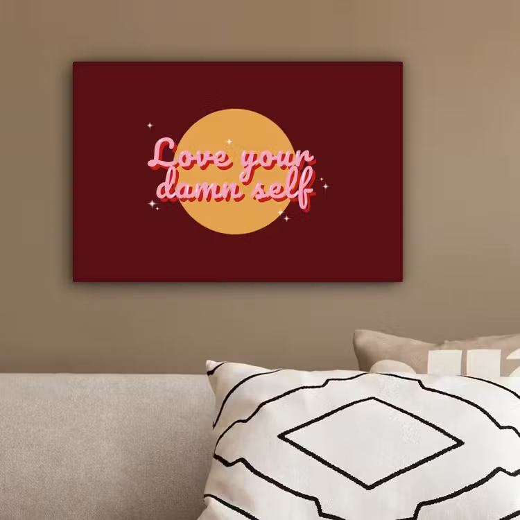 love your damn self - Cirkel - Glitter - Rood canvas 2cm klein -sfeer3