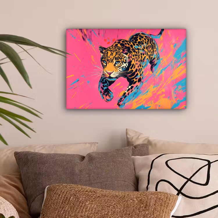 Luipaard - Roze - Oranje - Blauw - Verf canvas 2cm klein -sfeer1