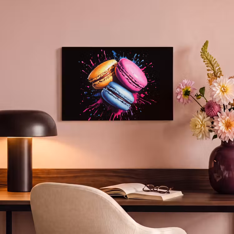 Macarons - Dessert - Graffiti - Kleurrijk - Roze - Blauw - Geel canvas 2cm klein -sfeer4