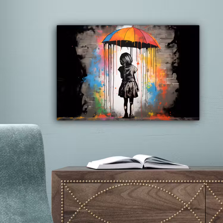 Meisje - Kunst - Paraplu - Graffiti - Kleuren - Muur canvas 2cm klein -sfeer4