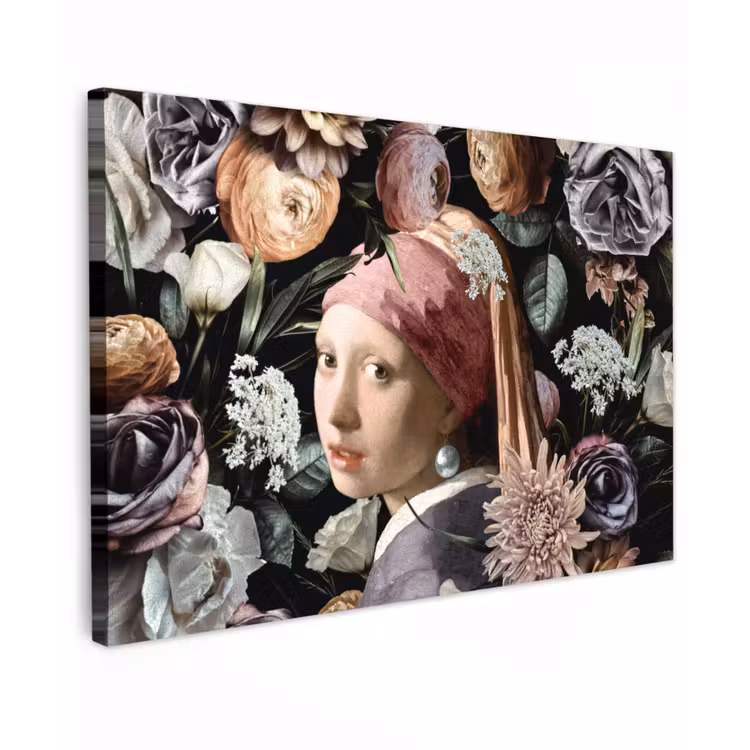 Meisje met de parel - Bloemen - Vermeer - Pastel - Kunstwerk - Schilderij - Oude meesters canvas 2cm klein -z3d