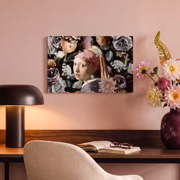 Meisje met de parel - Bloemen - Vermeer - Pastel - Kunstwerk - Schilderij - Oude meesters canvas 2cm klein -sfeer4