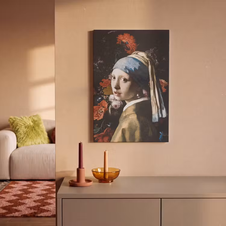 Meisje met de parel - Johannes Vermeer - Bloemen - Rood canvas 2cm klein -sfeer1