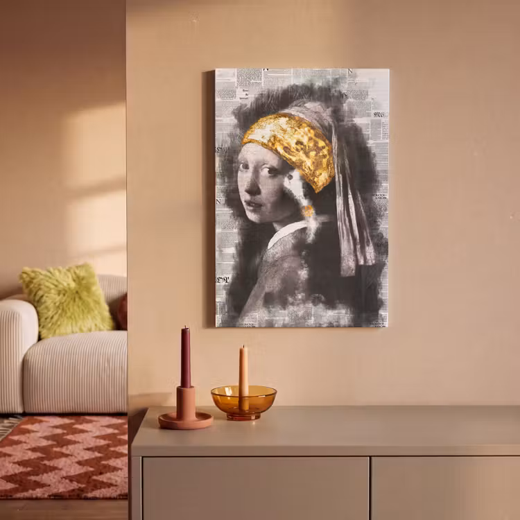 Meisje met de parel - Johannes Vermeer - Krant - Goud canvas 2cm klein -sfeer1