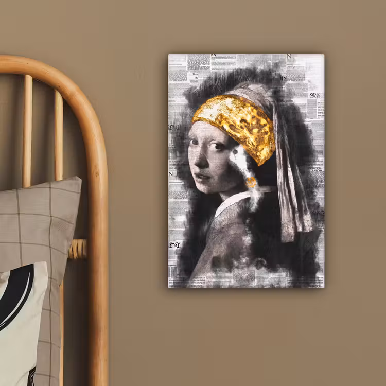 Meisje met de parel - Johannes Vermeer - Krant - Goud canvas 2cm klein -sfeer3