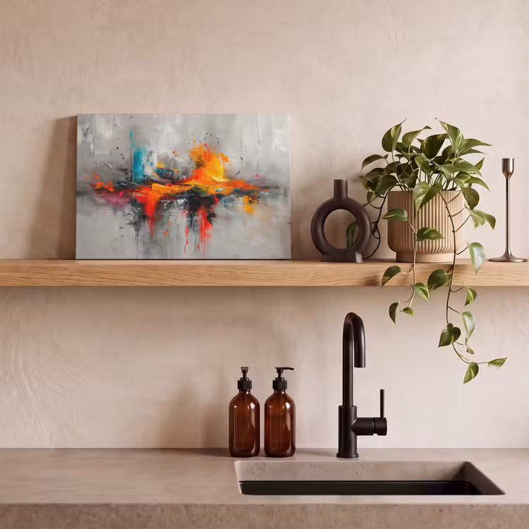 Moderne kunst - Oranje - Grijs - Abstract canvas 2cm klein -sfeer3