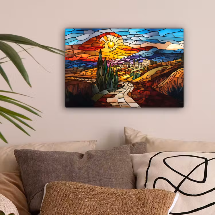 Mozaïek - Zon - Landschap - Dorp canvas 2cm klein -sfeer1