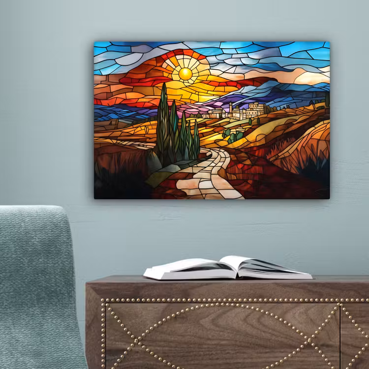 Mozaïek - Zon - Landschap - Dorp canvas 2cm klein -sfeer4