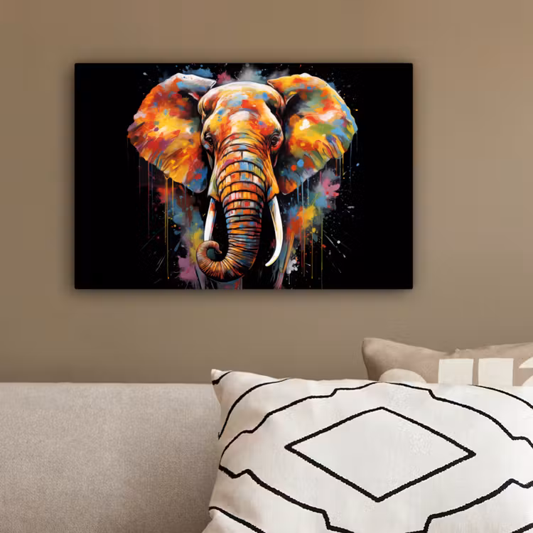 Olifant - Graffiti - Zwart - Dieren - Kleuren canvas 2cm klein -sfeer3