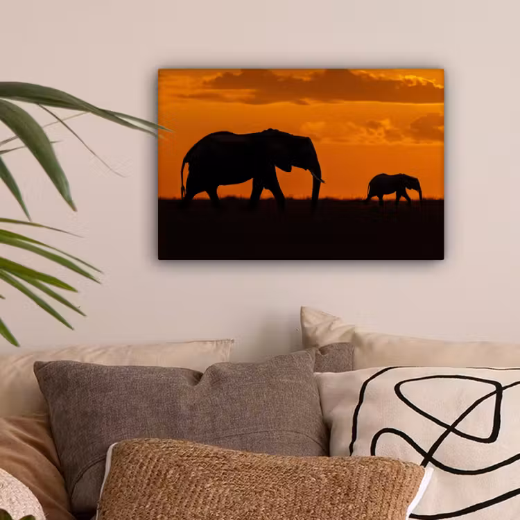 Olifanten - Savanne - Zonsondergang canvas 2cm klein -sfeer1