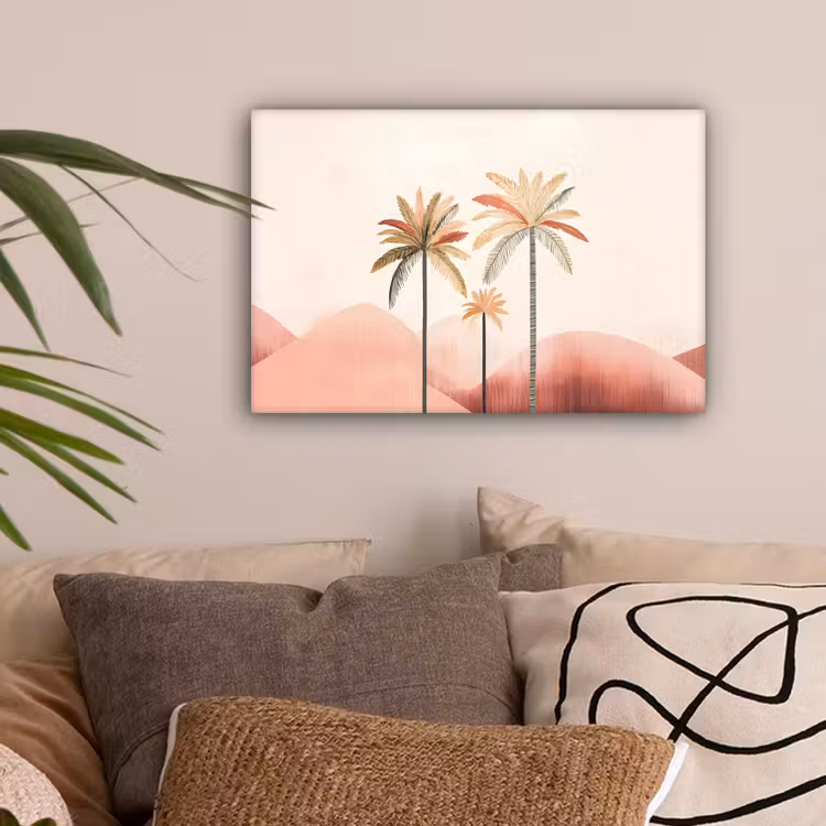 Palmbomen - Heuvels - Minimalistisch - Zachtroze canvas 2cm klein -sfeer1