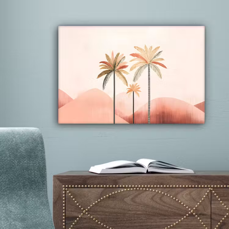 Palmbomen - Heuvels - Minimalistisch - Zachtroze canvas 2cm klein -sfeer4