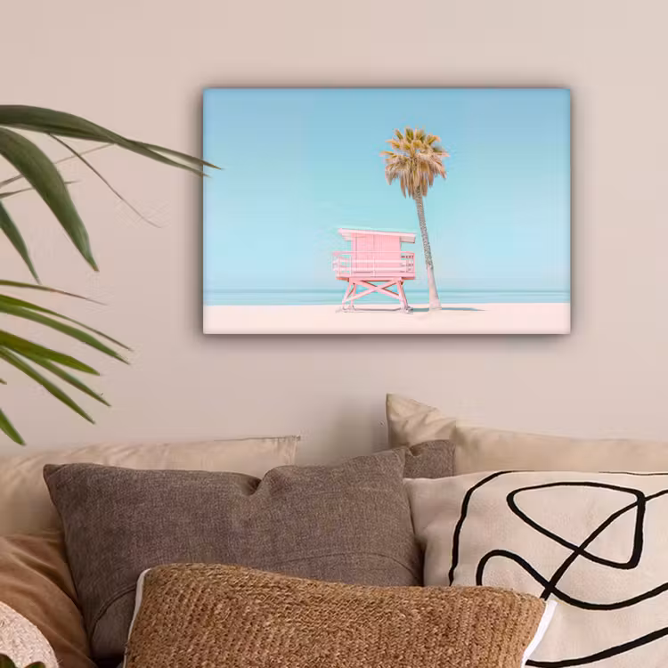 Palmboom - Strandhuis - Roze canvas 2cm klein -sfeer1