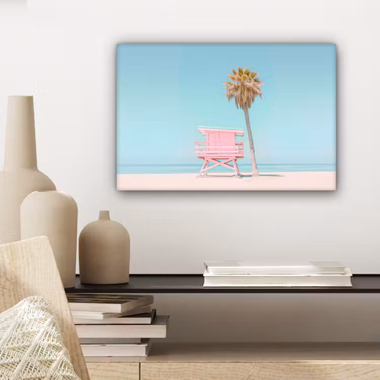 Palmboom - Strandhuis - Roze canvas 2cm klein -sfeer6
