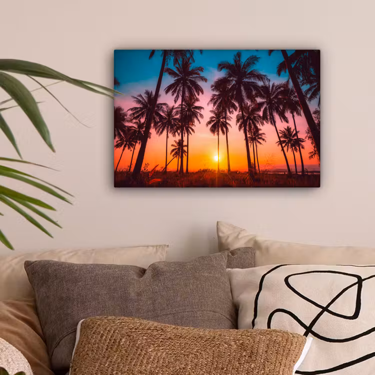 Palmboom - Zonsondergang - Horizon - Strand - Oranje - Roze canvas 2cm klein -sfeer1