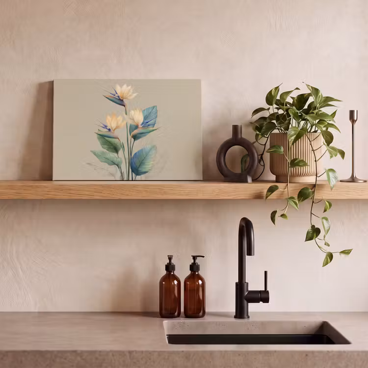 Paradijsvogelbloemen - Blauwgroene bladeren - Beige canvas 2cm klein -sfeer3