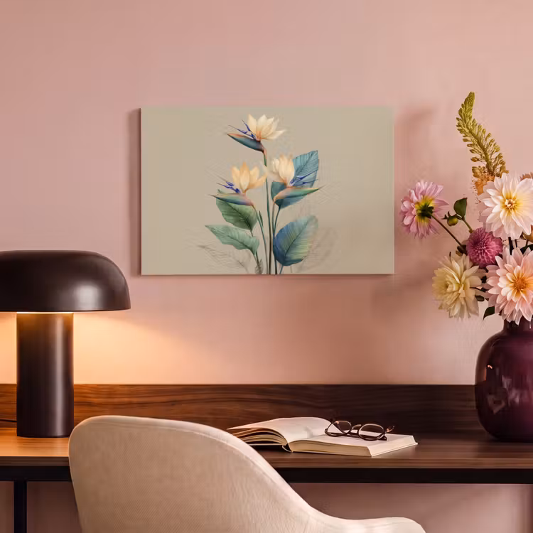 Paradijsvogelbloemen - Blauwgroene bladeren - Beige canvas 2cm klein -sfeer4