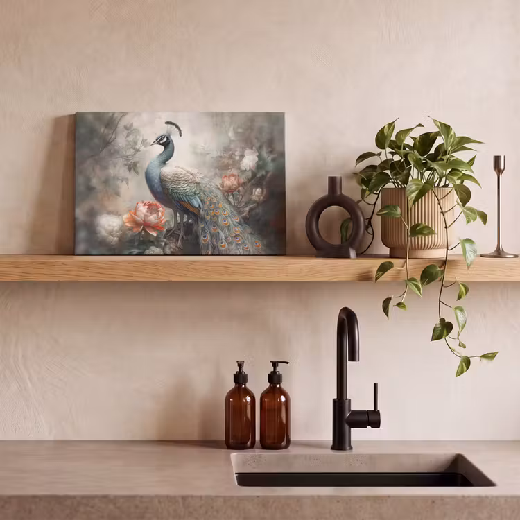 Pauw - Pauwenveren - Vogel - Jungle - Bloemen canvas 2cm klein -sfeer3