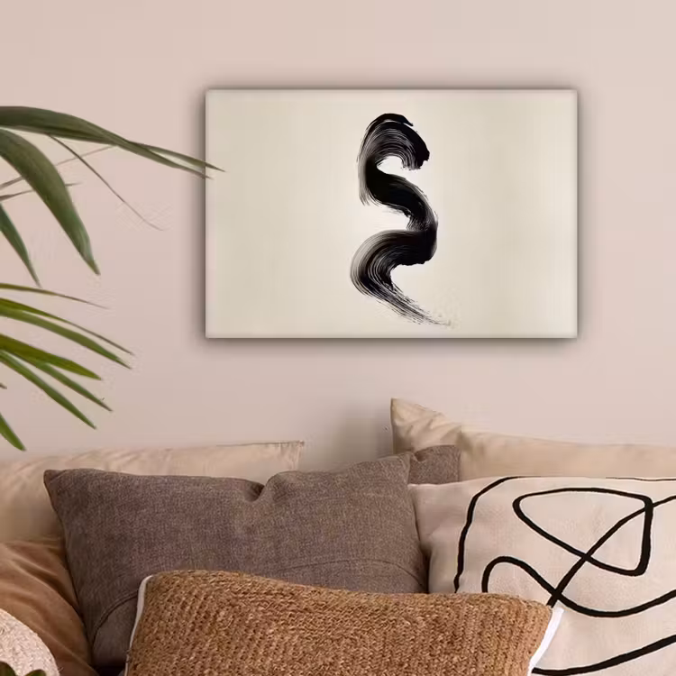 Penseelstreek - Zwart - Minimalistisch canvas 2cm klein -sfeer1