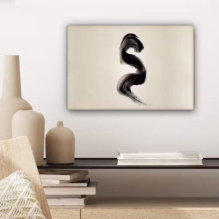 Penseelstreek - Zwart - Minimalistisch canvas 2cm klein -sfeer6