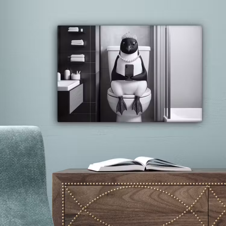 Pinguïn - Telefoon - Toilet - Zwart - Wit canvas 2cm klein -sfeer4