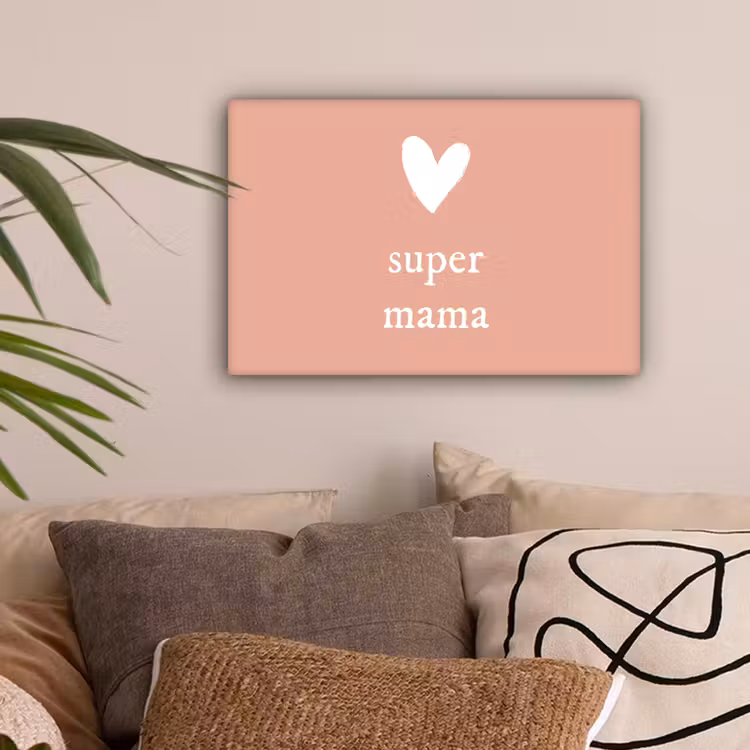 Presentje voor Moederdag super mama lichtroze/wit canvas 2cm klein -sfeer1