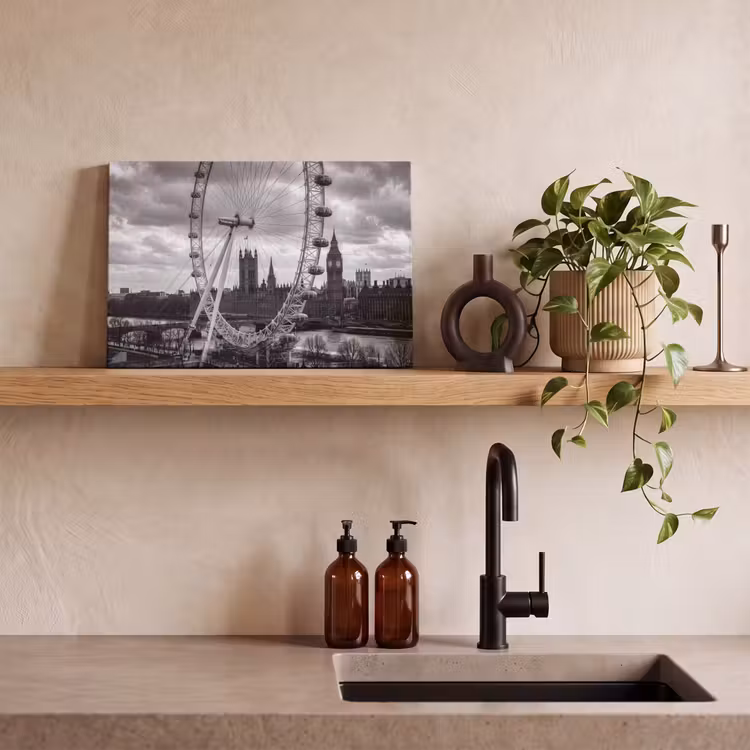 Reuzenrad - Klokkentoren - Architectuur - Zwart-wit - Stad canvas 2cm klein -sfeer3