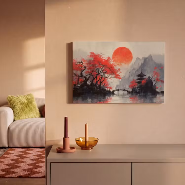 Rode zon - Rivier - brug - Bomen canvas 2cm klein -sfeer1