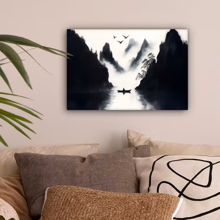 Roeiboot - Mistig - Bergen - Vogels canvas 2cm klein -sfeer1