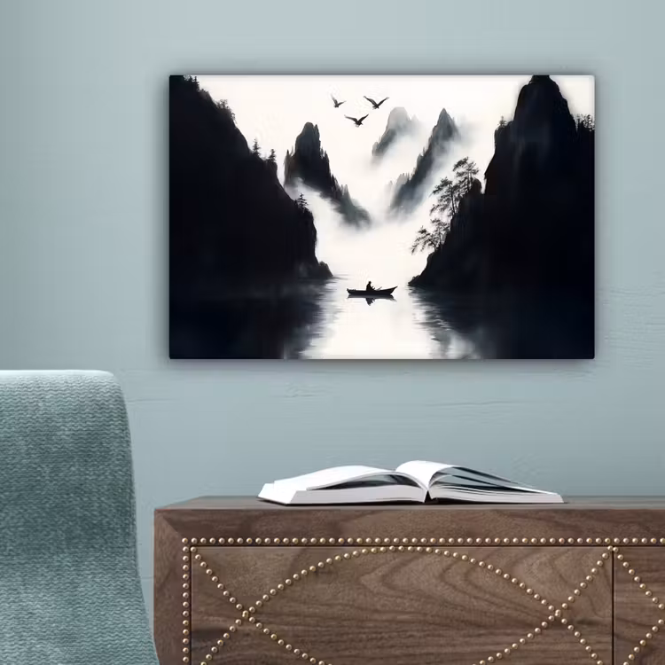 Roeiboot - Mistig - Bergen - Vogels canvas 2cm klein -sfeer4