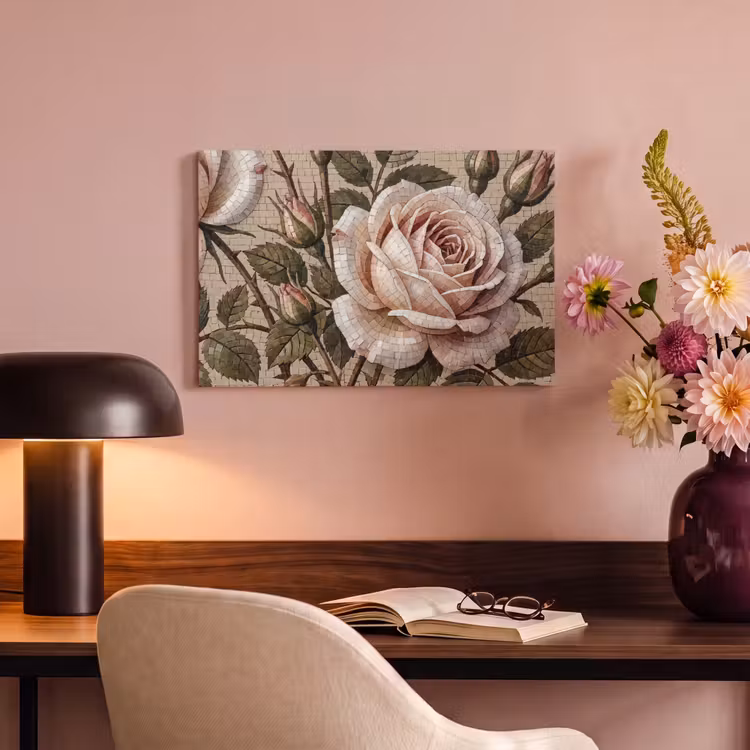 Roos - Mozaïek - Bloemen - Klassiek - Beige canvas 2cm klein -sfeer4