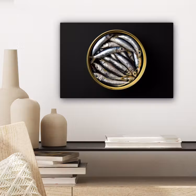 Sardines - Vissen - Rond - Zwart canvas 2cm klein -sfeer6