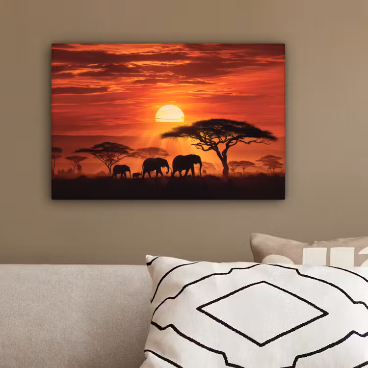 Savanne - Olifanten - Zonsondergang canvas 2cm klein -sfeer3