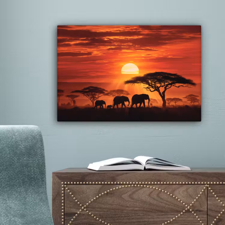 Savanne - Olifanten - Zonsondergang canvas 2cm klein -sfeer4